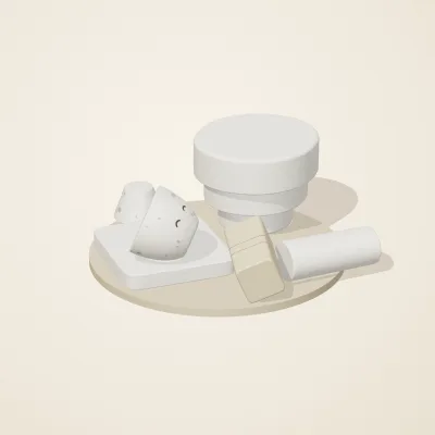The six parts of Salt Monuments No. 35 in a loose pile on a round stand