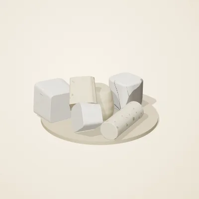 The six parts of Salt Monuments No. 37 in a loose pile on a round stand