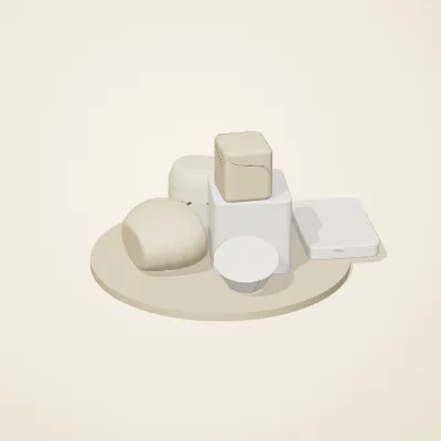 The six parts of Salt Monuments No. 38 in a loose pile on a round stand