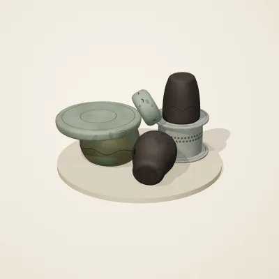 The six parts of Sunken Shrine No. 2 in a loose pile on a round stand