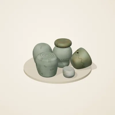 The six parts of Sunken Shrine No. 10 in a loose pile on a round stand