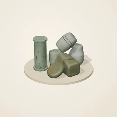 The six parts of Sunken Shrine No. 15 in a loose pile on a round stand