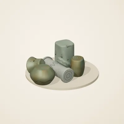 The six parts of Sunken Shrine No. 19 in a loose pile on a round stand