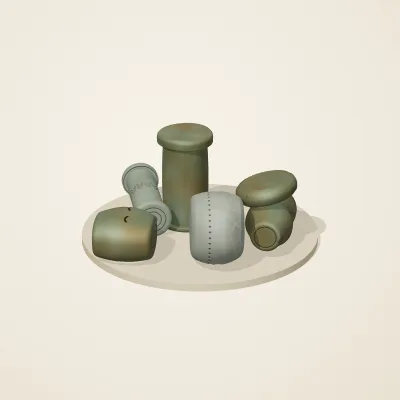 The six parts of Sunken Shrine No. 20 in a loose pile on a round stand
