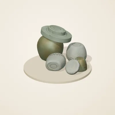 The six parts of Sunken Shrine No. 31 in a loose pile on a round stand
