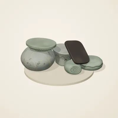 The six parts of Sunken Shrine No. 38 in a loose pile on a round stand