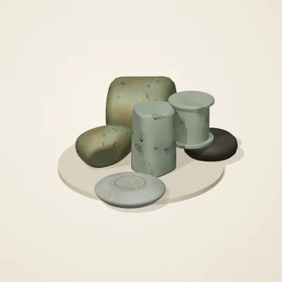 The six parts of Sunken Shrine No. 39 in a loose pile on a round stand