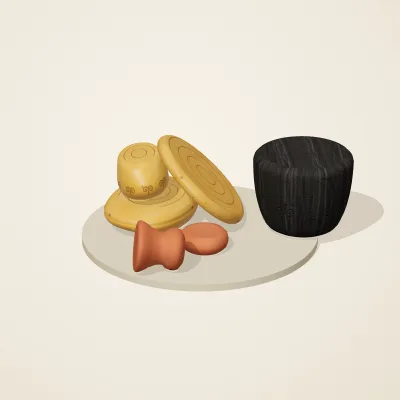 The six parts of Amber Spirits No. 7 in a loose pile on a round stand