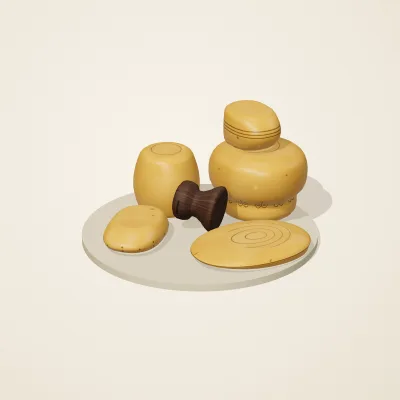 The six parts of Amber Spirits No. 15 in a loose pile on a round stand