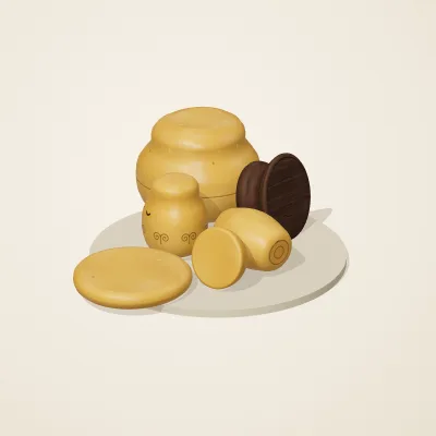 The six parts of Amber Spirits No. 25 in a loose pile on a round stand