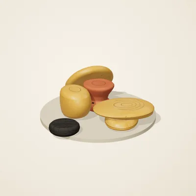 The six parts of Amber Spirits No. 26 in a loose pile on a round stand