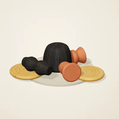 The six parts of Amber Spirits No. 27 in a loose pile on a round stand