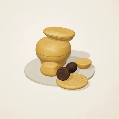 The six parts of Amber Spirits No. 28 in a loose pile on a round stand