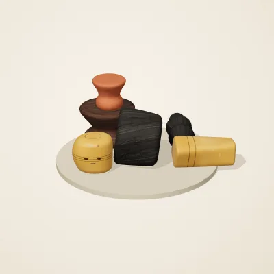 The six parts of Amber Spirits No. 32 in a loose pile on a round stand