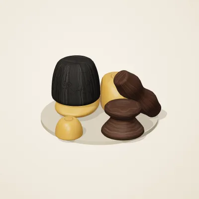 The six parts of Amber Spirits No. 33 in a loose pile on a round stand
