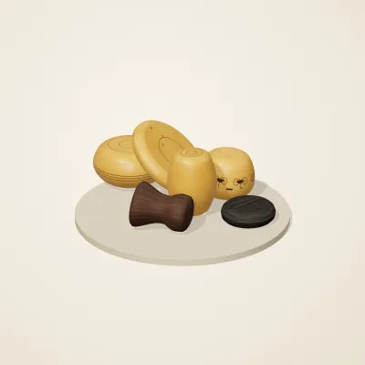 The six parts of Amber Spirits No. 35 in a loose pile on a round stand