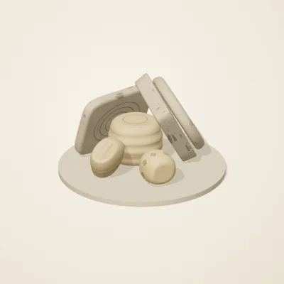 The six parts of Fossil Garden No. 1 in a loose pile on a round stand