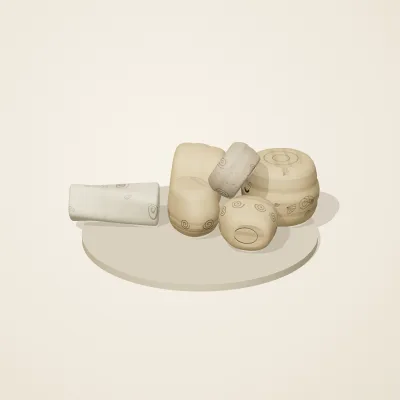 The six parts of Fossil Garden No. 4 in a loose pile on a round stand