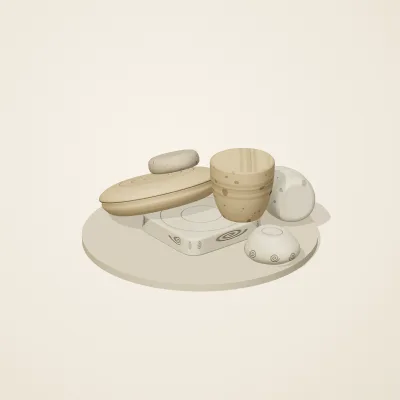 The six parts of Fossil Garden No. 5 in a loose pile on a round stand
