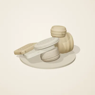 The six parts of Fossil Garden No. 6 in a loose pile on a round stand