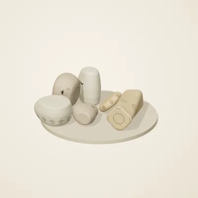 The six parts of Fossil Garden No. 7 in a loose pile on a round stand