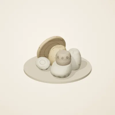 The six parts of Fossil Garden No. 12 in a loose pile on a round stand