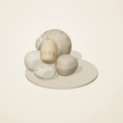 The six parts of Fossil Garden No. 13 in a loose pile on a round stand