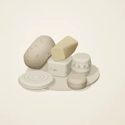 The six parts of Fossil Garden No. 15 in a loose pile on a round stand