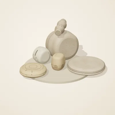 The six parts of Fossil Garden No. 20 in a loose pile on a round stand