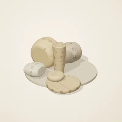 The six parts of Fossil Garden No. 22 in a loose pile on a round stand