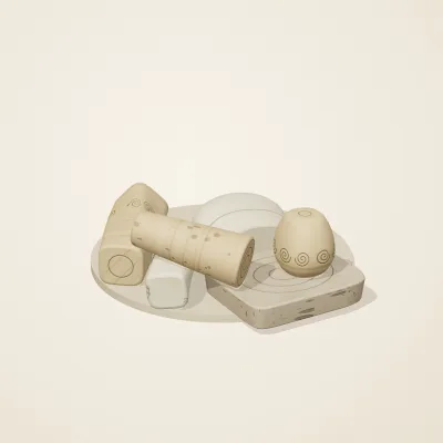 The six parts of Fossil Garden No. 23 in a loose pile on a round stand