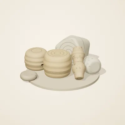 The six parts of Fossil Garden No. 24 in a loose pile on a round stand