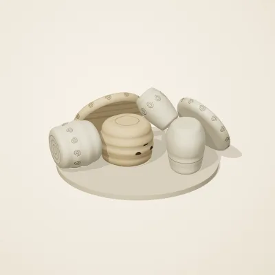 The six parts of Fossil Garden No. 26 in a loose pile on a round stand