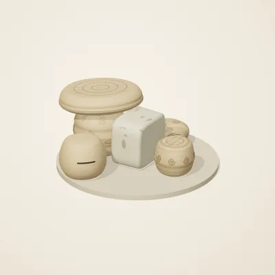 The six parts of Fossil Garden No. 29 in a loose pile on a round stand