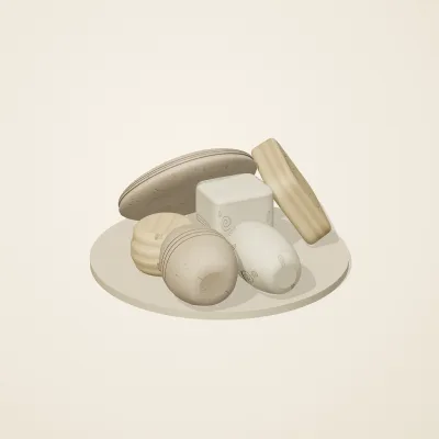 The six parts of Fossil Garden No. 30 in a loose pile on a round stand