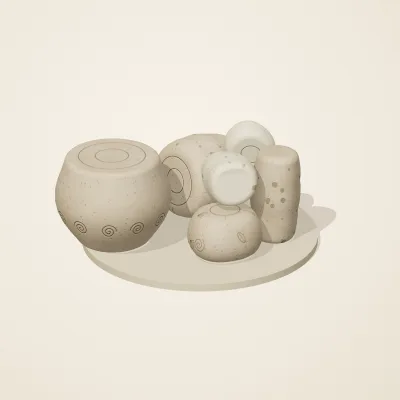 The six parts of Fossil Garden No. 32 in a loose pile on a round stand