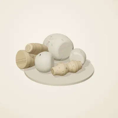 The six parts of Fossil Garden No. 35 in a loose pile on a round stand