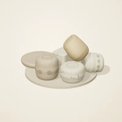 The six parts of Fossil Garden No. 36 in a loose pile on a round stand