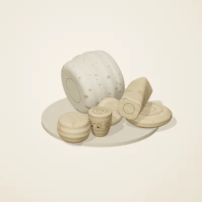 The six parts of Fossil Garden No. 39 in a loose pile on a round stand