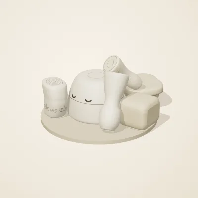 The six parts of Ivory Moon No. 8 in a loose pile on a round stand