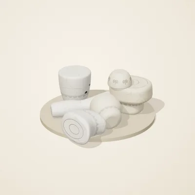 The six parts of Ivory Moon No. 17 in a loose pile on a round stand