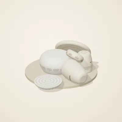 The six parts of Ivory Moon No. 19 in a loose pile on a round stand