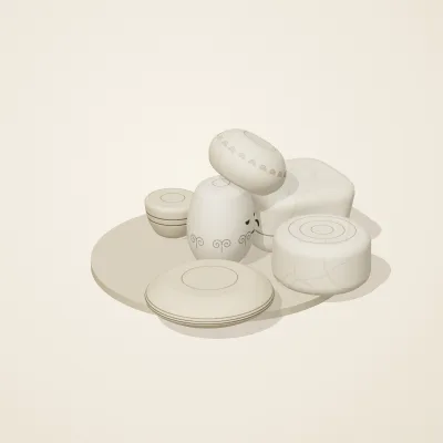 The six parts of Ivory Moon No. 28 in a loose pile on a round stand