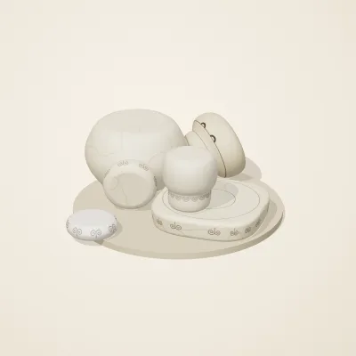 The six parts of Ivory Moon No. 38 in a loose pile on a round stand