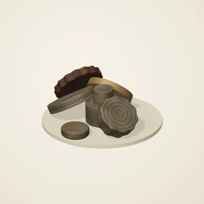 The six parts of Forgotten Machinery No. 3 in a loose pile on a round stand