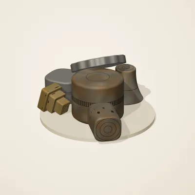 The six parts of Forgotten Machinery No. 6 in a loose pile on a round stand