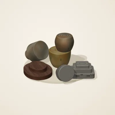 The six parts of Forgotten Machinery No. 12 in a loose pile on a round stand