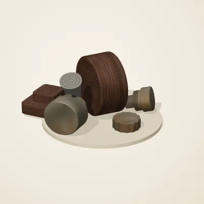 The six parts of Forgotten Machinery No. 13 in a loose pile on a round stand