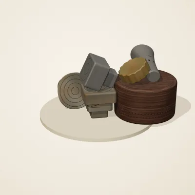 The six parts of Forgotten Machinery No. 14 in a loose pile on a round stand