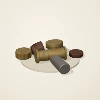 The six parts of Forgotten Machinery No. 15 in a loose pile on a round stand